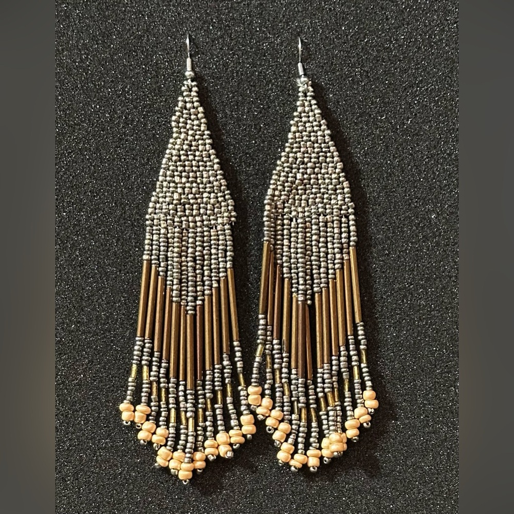 Long Beaded Tassel Earrings Bohemian Fringe Drop Handmade Pre-owned